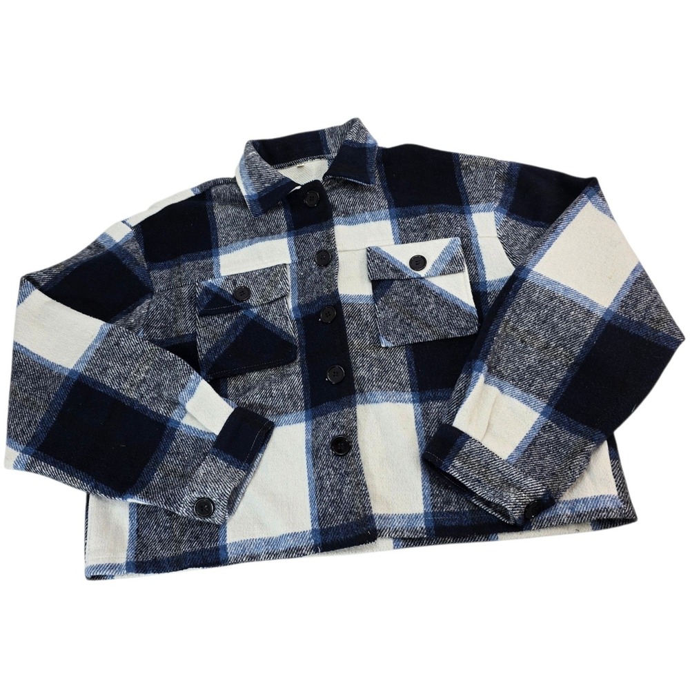 Unbranded Plaid Shacket Women XL Blue White Polyester Flannel Button Crop - Picture 9 of 10